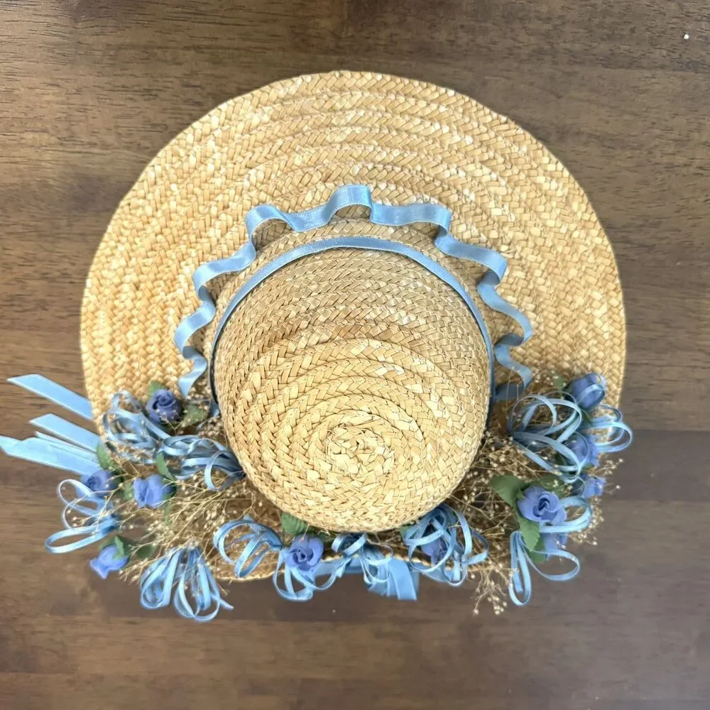 Straw Hat with Blue Flowers, Ribbons Grannycore Cottagecore Wall Decor Blue